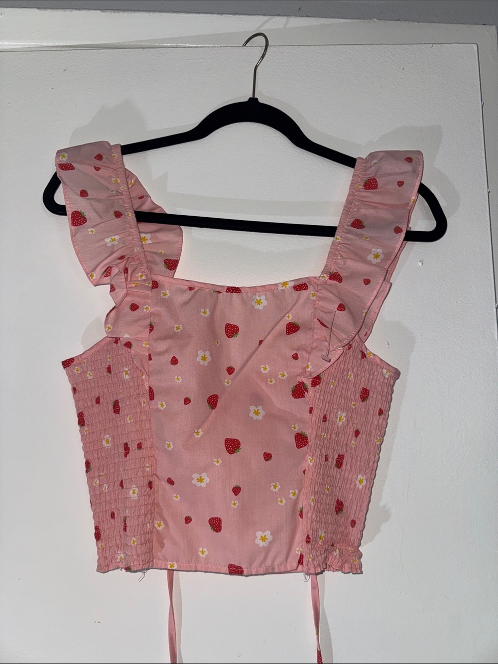 No Frills Pink Strawberry Print Ruffled Strap Crop Top